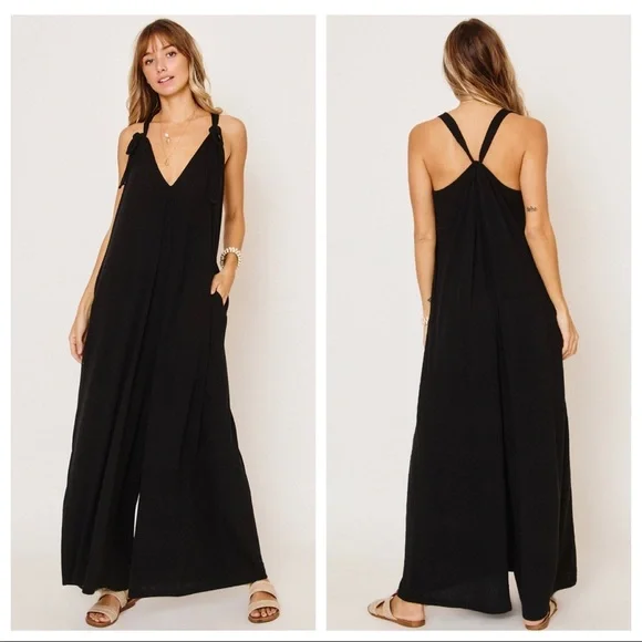 FAVORITE Fabulous Tie shoulder Black Maxi wide leg jumpsuit - Picture 4 of 5